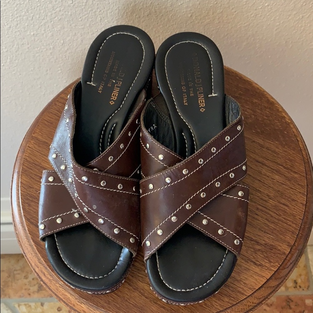 Donald J. Pliner Brown Studded Crisscross Wedge Slides